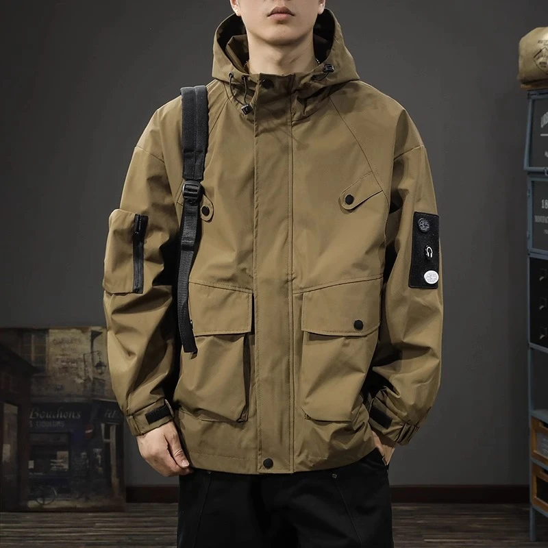 美式潮牌连帽工装夹克风衣男宽松大码秋季2025新款冲锋衣休闲外套