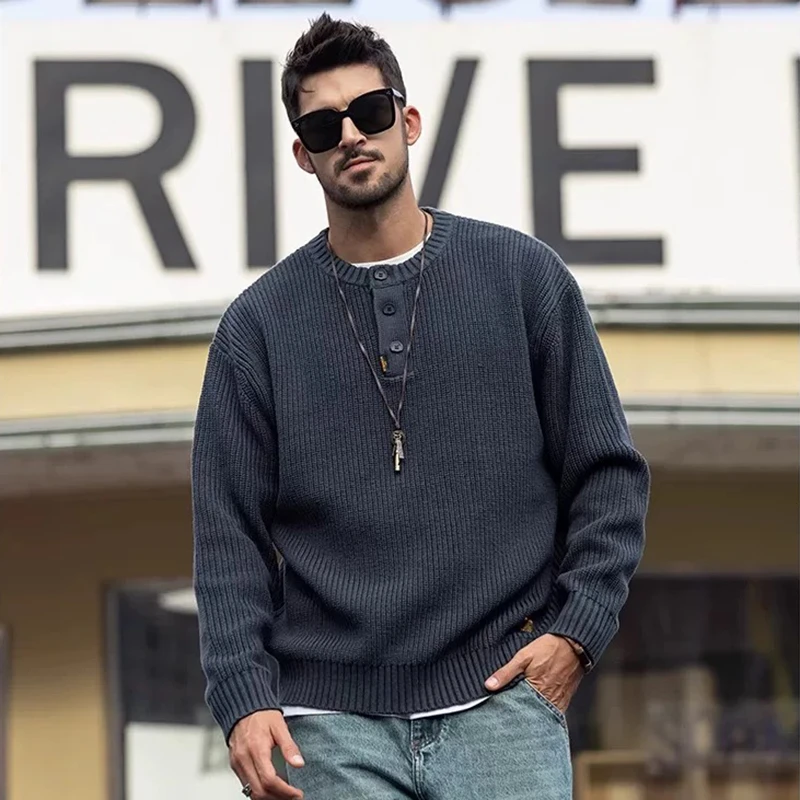 M8903美式复古针织毛衣男士宽松慵懒风春秋重磅高级感毛衣男秋冬