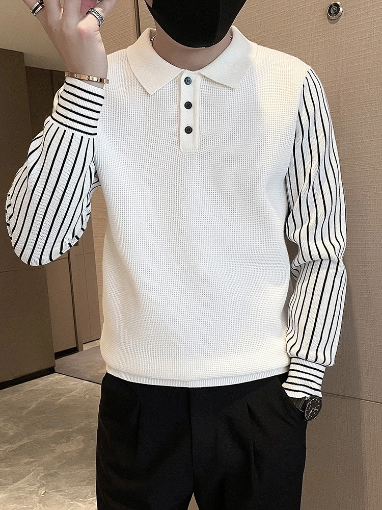 Polo衫领轻奢气质拼接条纹休闲针织衫英伦风修身翻领套头毛衣男