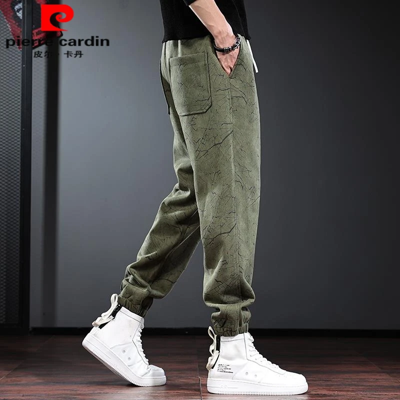 皮尔卡丹男士休闲裤秋冬款宽松束脚裤军绿色痞帅裤子男轻奢时尚潮