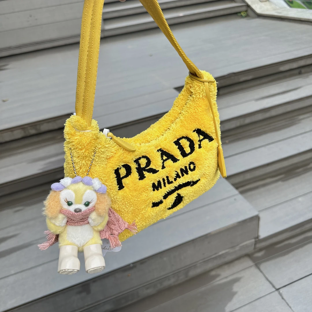 95新 Prada/普拉达 只盒/Prada经典款黄色毛巾Hobo单肩包