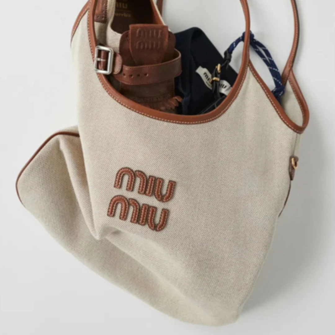 99新 MIU MIU/缪缪 只盒/MiuMiu新款爆款棕色帆布拼皮ivy单肩包