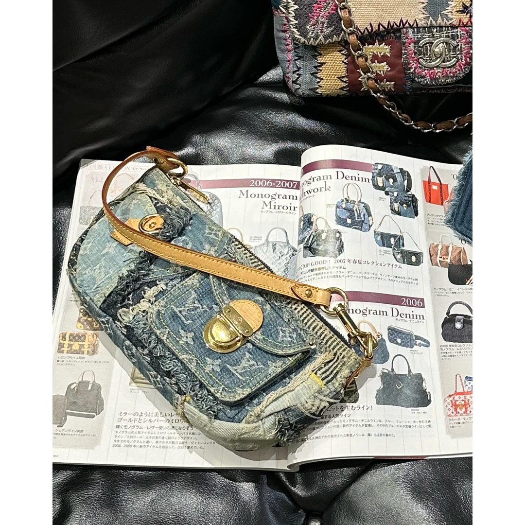 95新 LouisVuitton/路易威登 只盒/Lv蓝单宁百家布乞丐腋下包