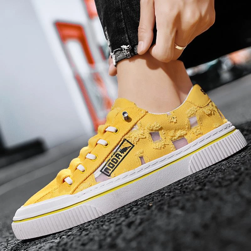 黄色帆布鞋男款夏季透气乞丐破洞布鞋一脚蹬休闲板鞋厚底运动潮鞋
