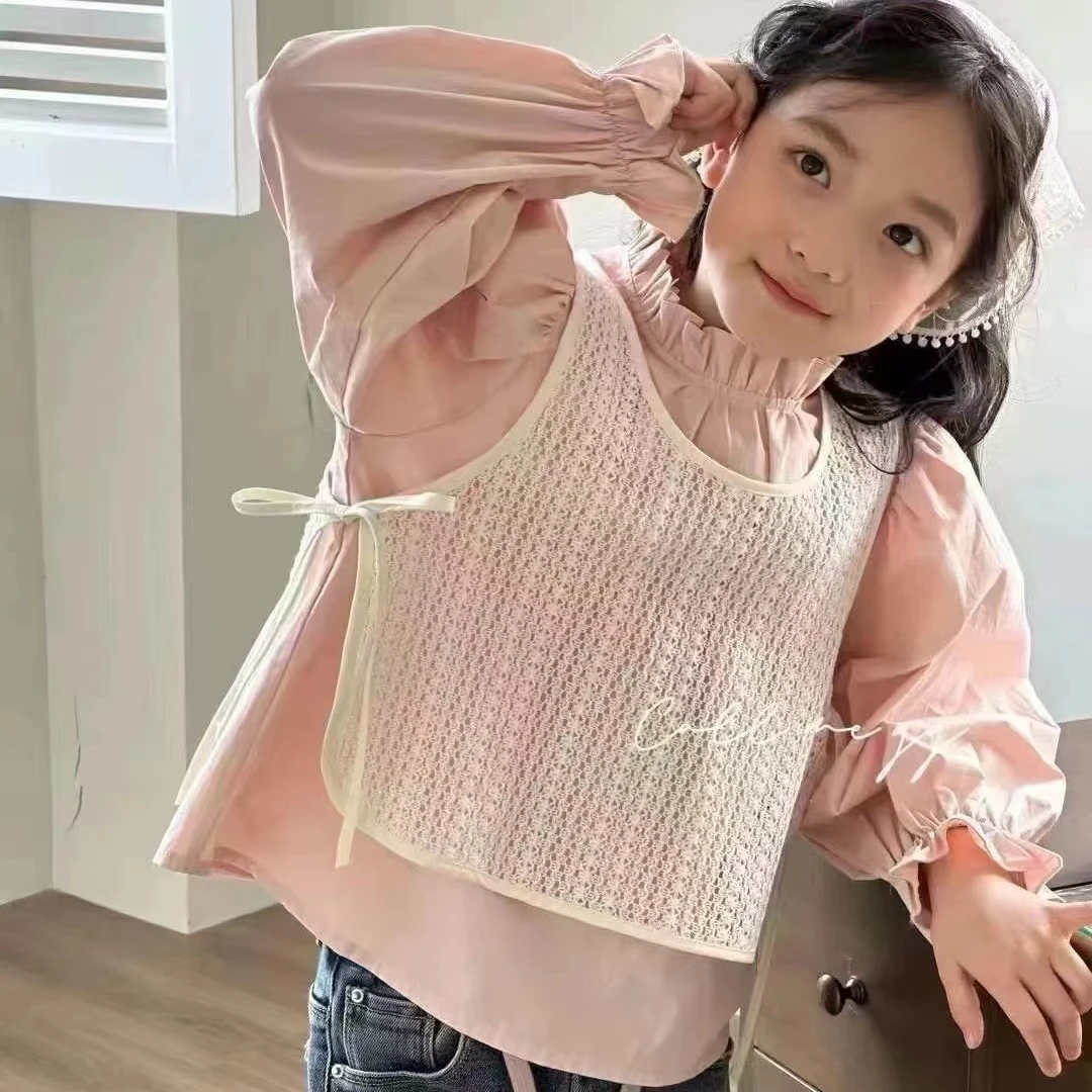 女童套装秋装2024新款儿童春秋衬衫毛衣两件套女童立领娃娃衫8181