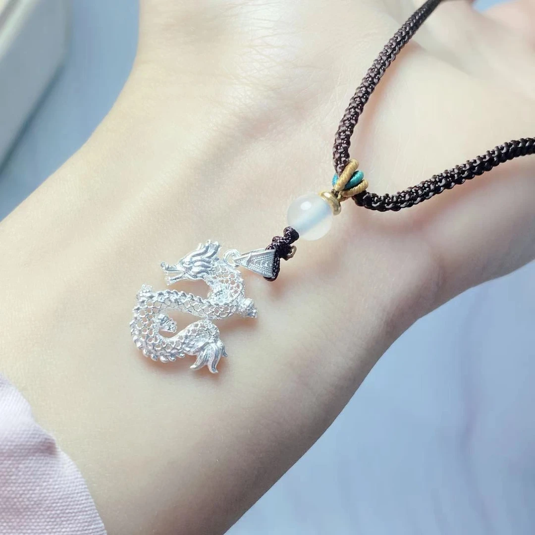 吊坠足银 足银990镂空立体龙吊坠时尚百搭锁骨链挂坠手工编织