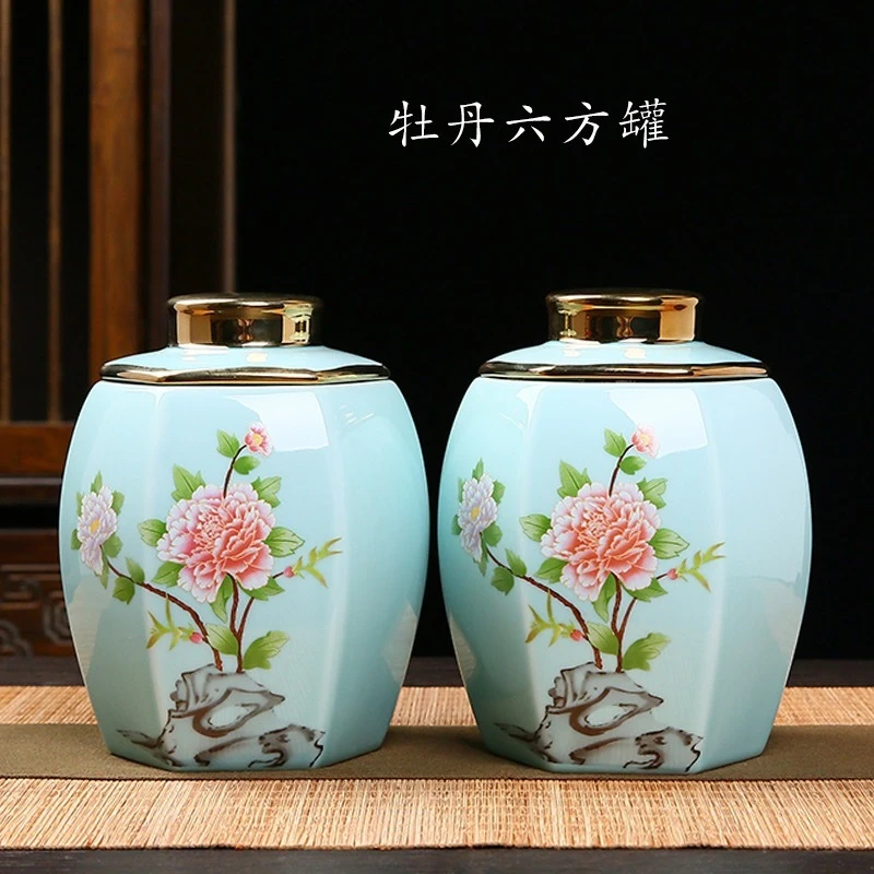 高档家用大号密封牡丹六方釉中彩高档双罐茶叶罐储物罐储存防潮54