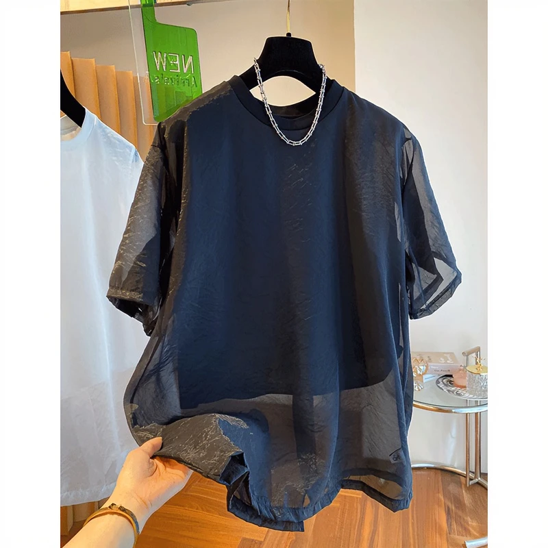 胖mm新款休闲舒适感别致假两件大码小众网纱拼接防晒T恤夏季短袖