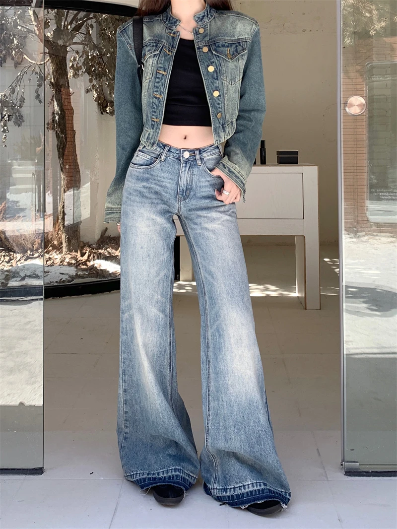 春秋美式低腰微喇叭牛仔裤女秋季蓝色拖地裤百搭宽松显瘦阔腿裤