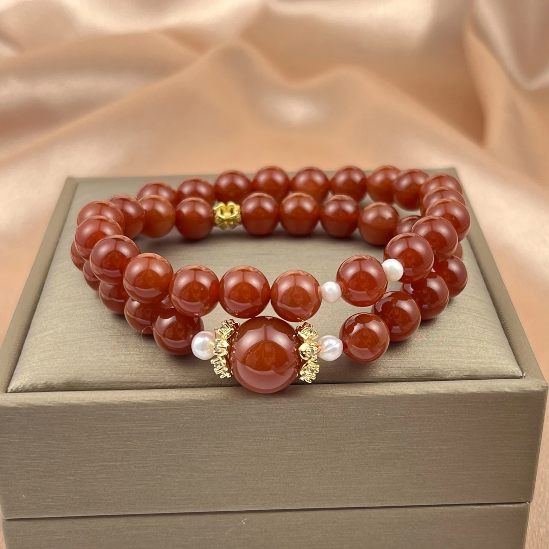【直播间同款】双圈红玛瑙红色转珠手工手链-5534