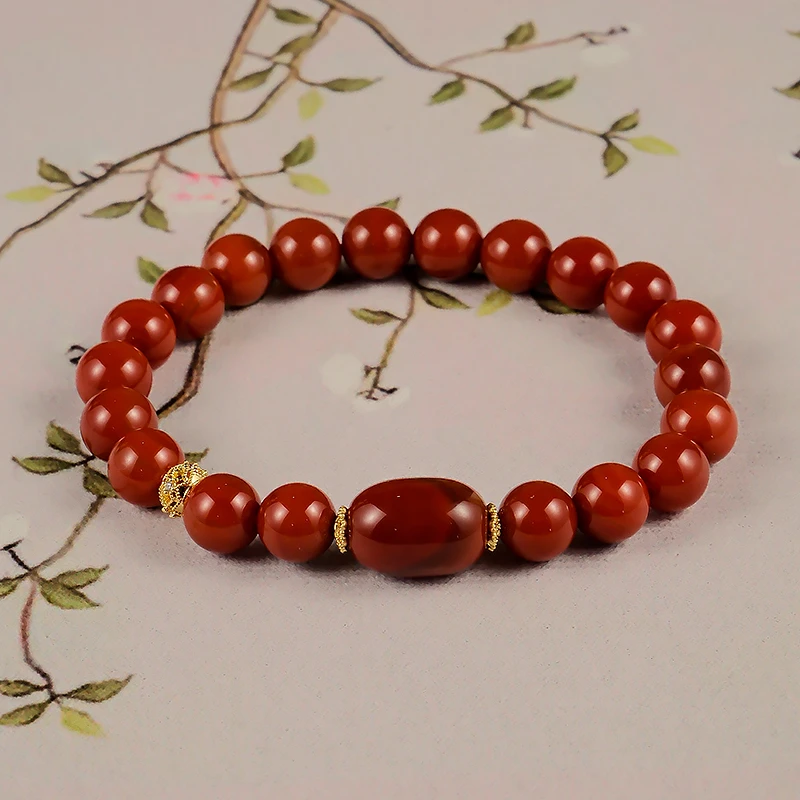 天然红玛瑙手链红色女士百搭款女款单圈手串-6461