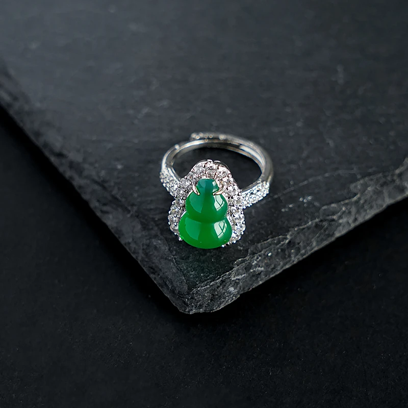 新中式绿色玉髓葫芦戒指复古民族风多样性发一-3186