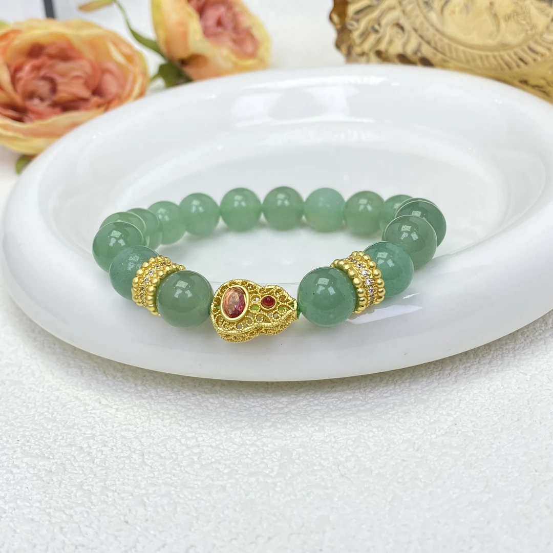 轻奢气质时尚百搭东陵玉绿色单圈手工手链金色葫芦配饰女款-5506