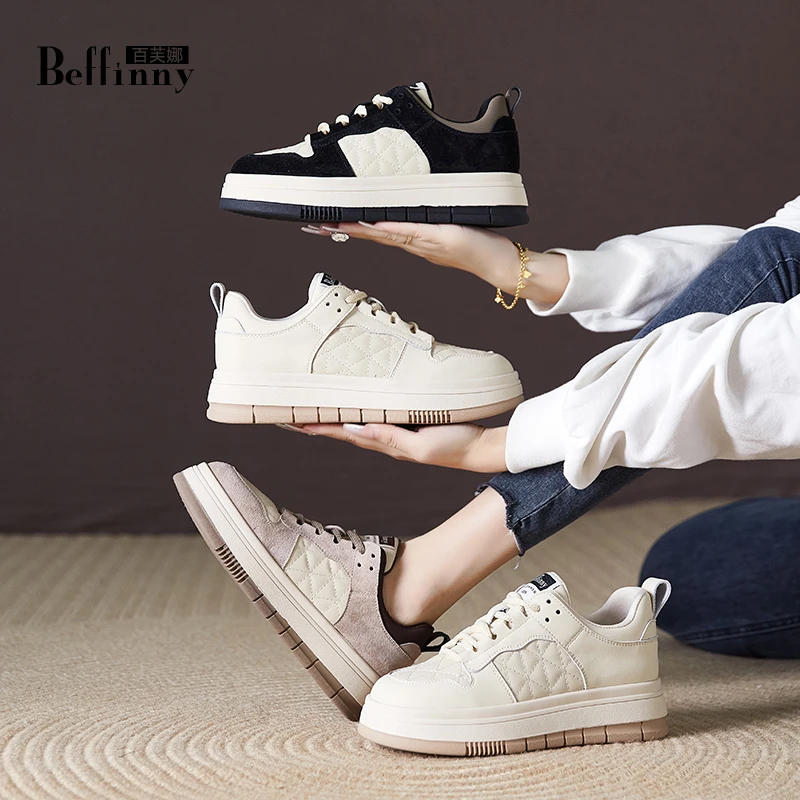 Beffinny/百芙娜1216-68 真皮厚底板鞋2024春款加绒保暖休闲鞋