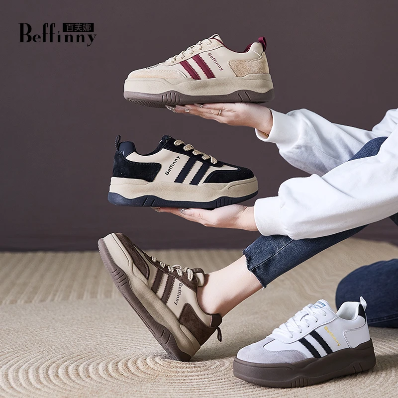 Beffinny/百芙娜AA925-01 真皮德训鞋女2024早春新厚底休闲跑步鞋