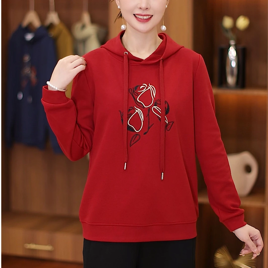 春秋季长袖女士卫衣2024新款爆款休闲时尚简约遮肉洋气妈妈装加绒