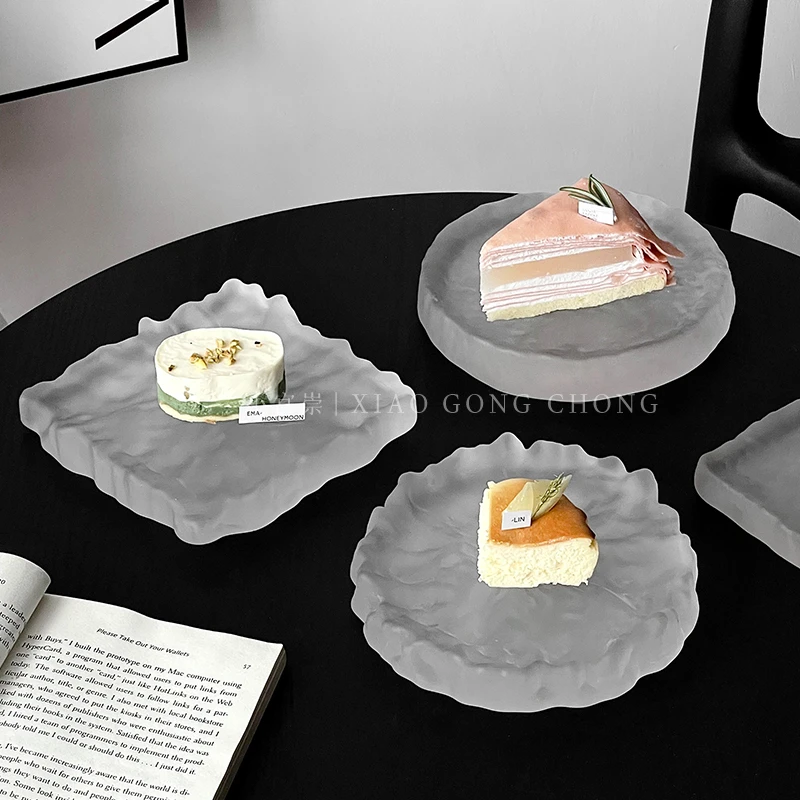 磨砂冰川玻璃盘高级感冷餐甜品托盘寿司盘子创意宴会西点展示底托