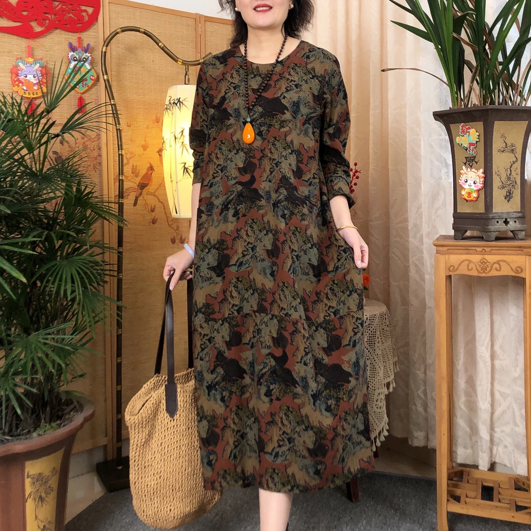 春季茧型宽松连衣裙棉麻风长袖印花时尚简约微胖风气质连衣裙L15