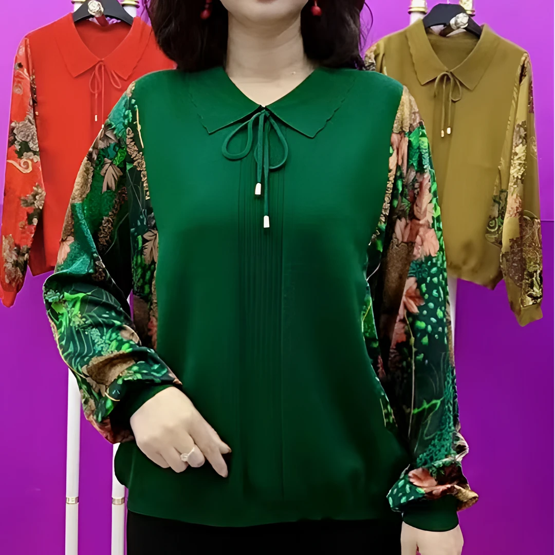 2024秋冬季新款保暖打底衫高档时尚妈妈拼接娃娃领休闲外穿针织衫