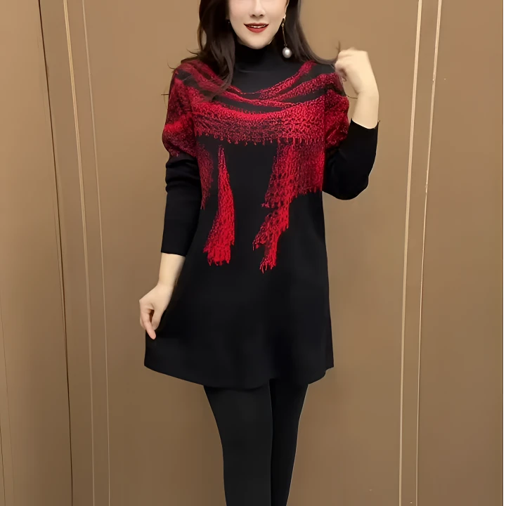 时尚女士中长款针织衫冬季新款高档潮款宽松遮肚遮臀加厚保暖毛衣