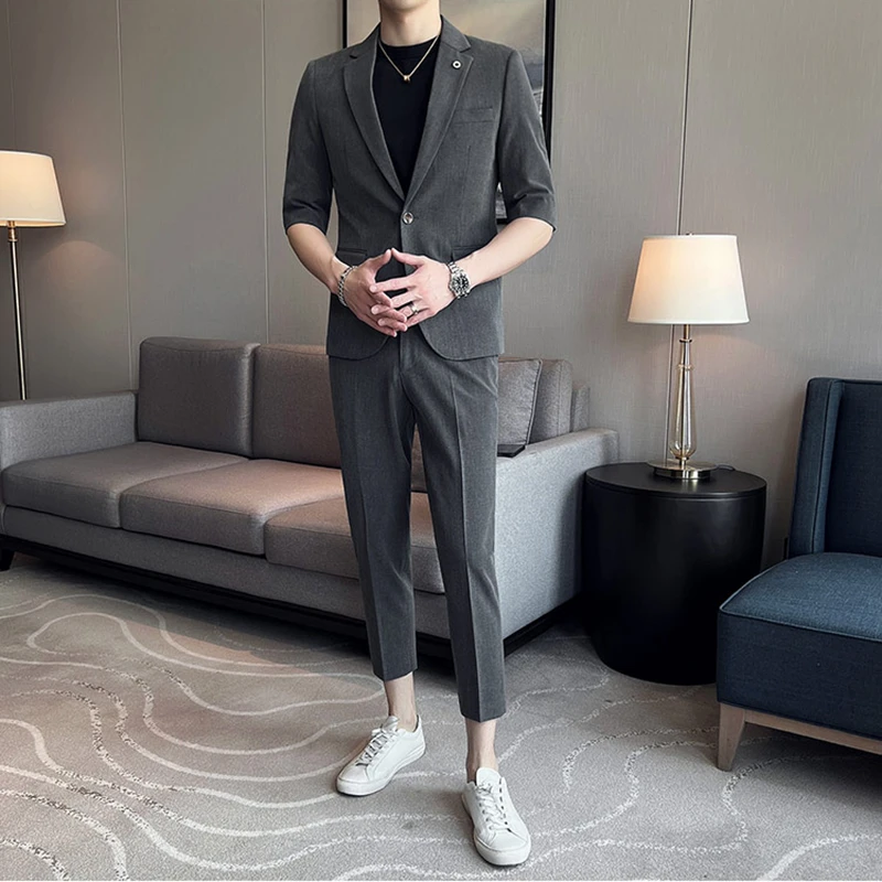 轻熟薄款休闲七分袖西装一套夏季青年质感中袖西服通勤外套礼服男