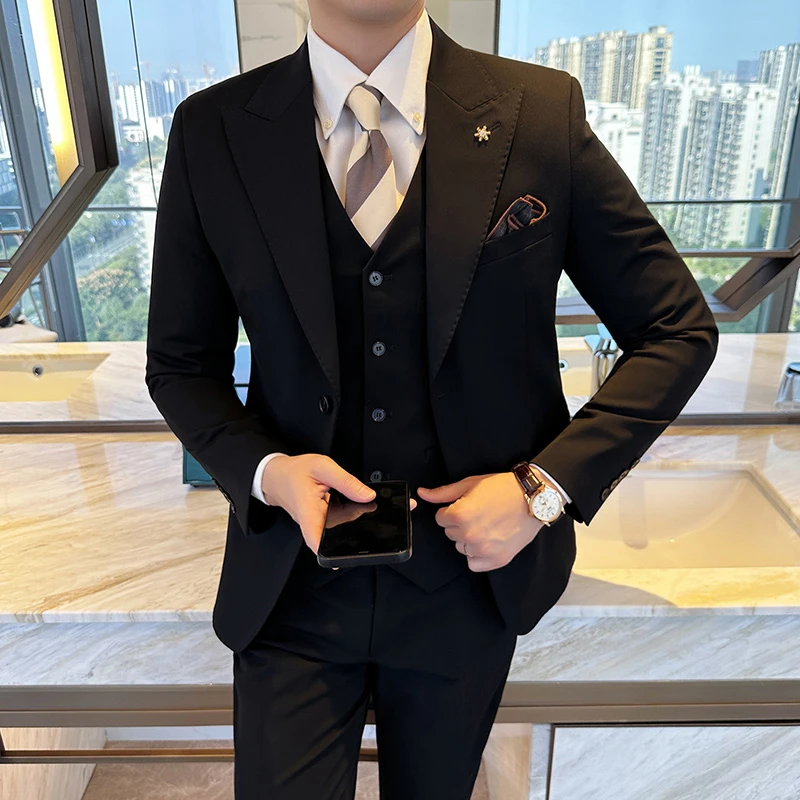 英伦商务西装男套装韩版修身时尚戗驳领休闲西服外套新郎结婚礼服