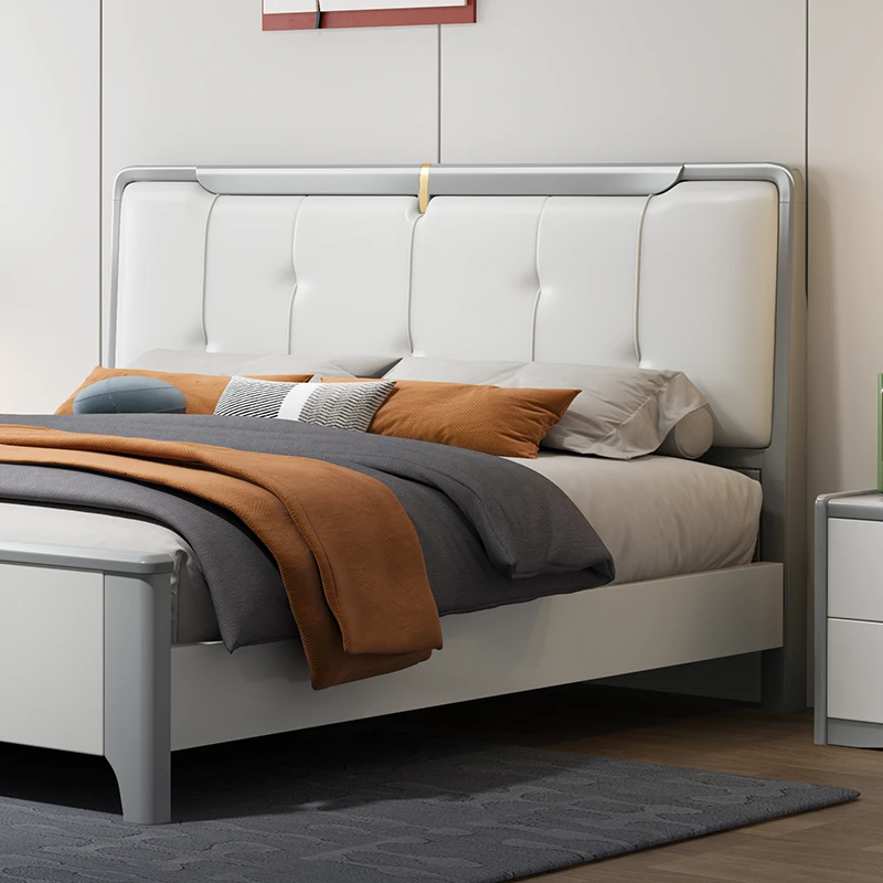 现代灰白色实木简约家用主卧1.8米双人床婚床储物床头带软包床