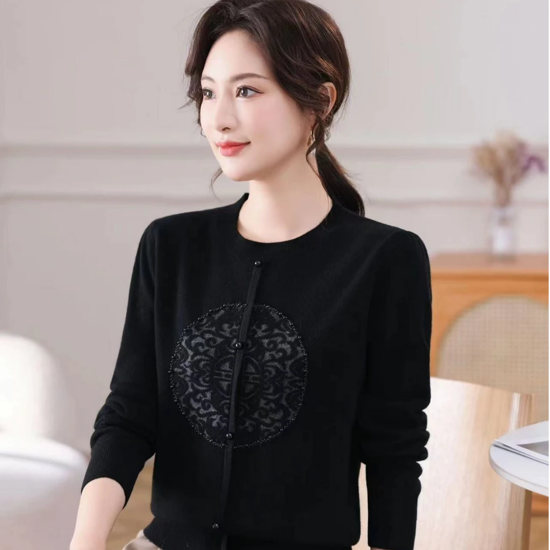 乐久正品纯羊羔毛国风纯色女针织洋气宽松百搭单排扣上衣圆领新款