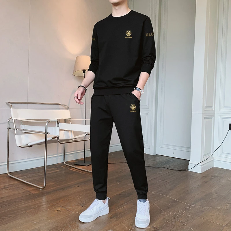 秋冬爆款休闲运动套装男加绒圆领长袖整套男士休闲卫衣两件套男装