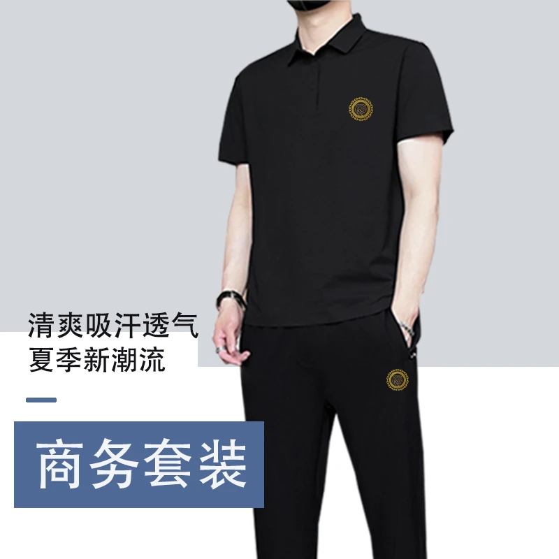 新款夏季轻奢高端冰丝两件套潮流T恤翻领时尚休闲裤男士男装套装