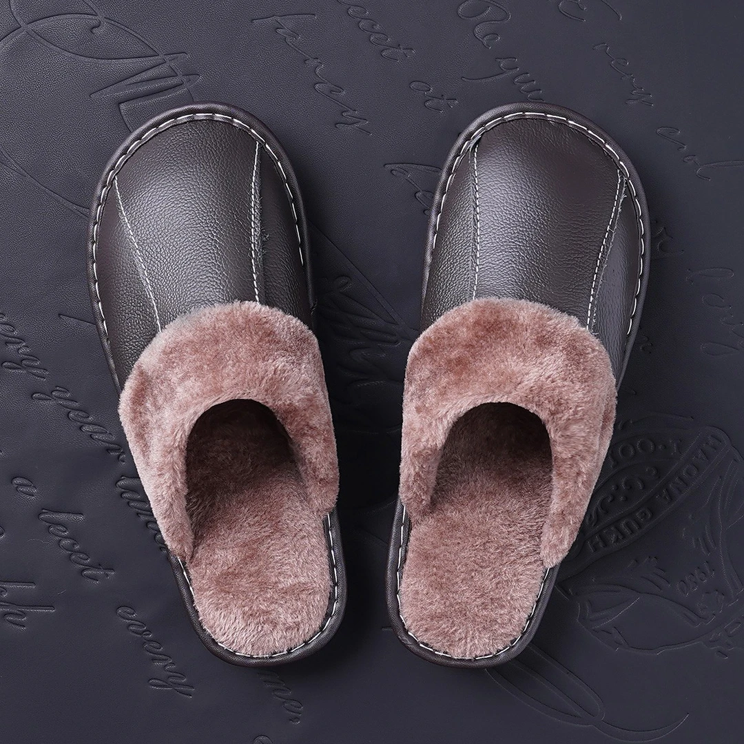 海宁冬季保暖男士真皮牛皮软底居家包头平底毛拖加厚拖鞋TX2021