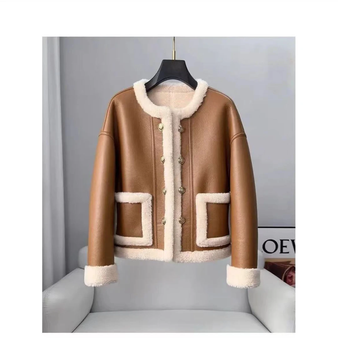 皮夹克外套皮衣女[6608]皮毛一体时尚加厚秋冬拼接