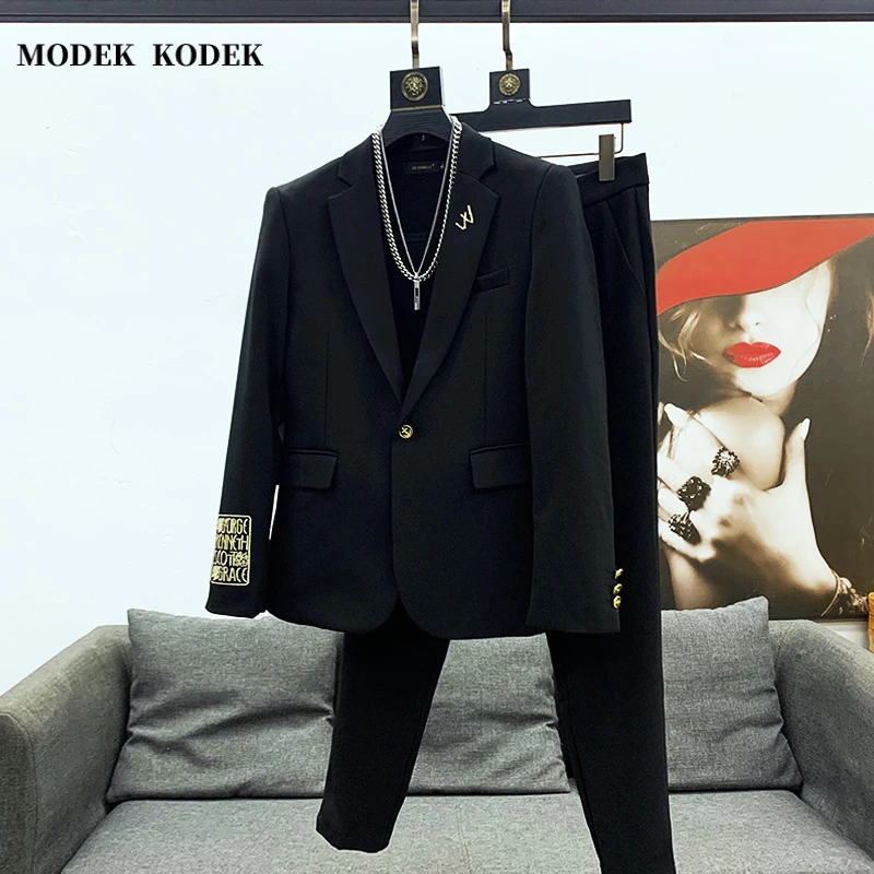 MODEK KODEK新款刺绣长袖男装修身西服直筒裤秋季潮流西装两件套