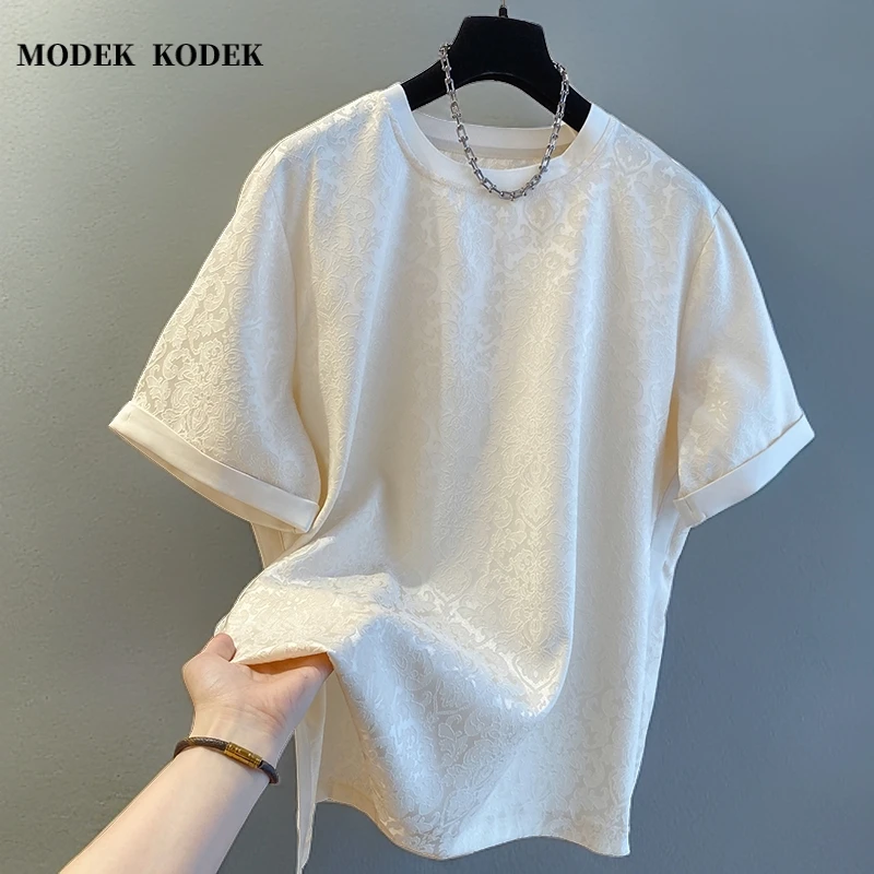 MODEK KODEK新款轻奢中式暗花纹短袖休闲t恤男士圆领宽松百搭上衣