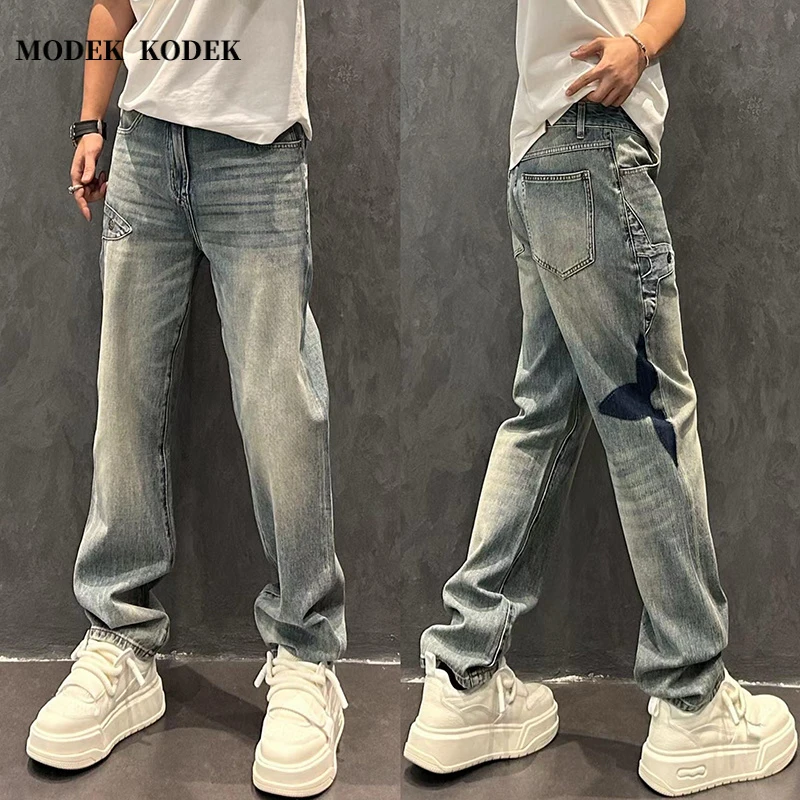 MODEK KODEK潮牌印花直筒宽松水洗长裤春秋季新款潮流牛仔裤男士