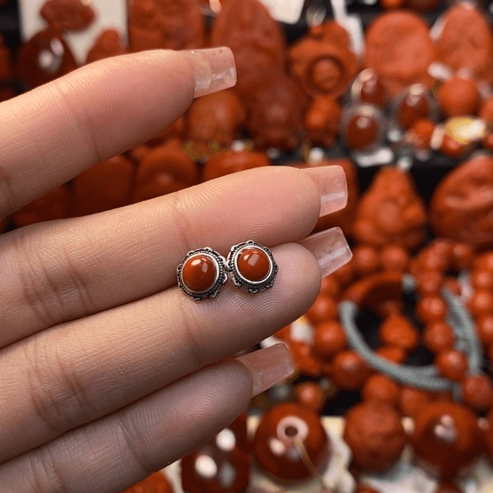 南红玛瑙耳钉银S925镶嵌