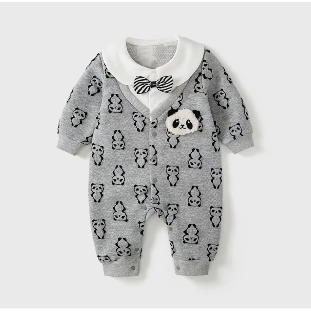 秋冬款婴儿宝宝保暖领结熊猫假两件薄棉外穿哈衣