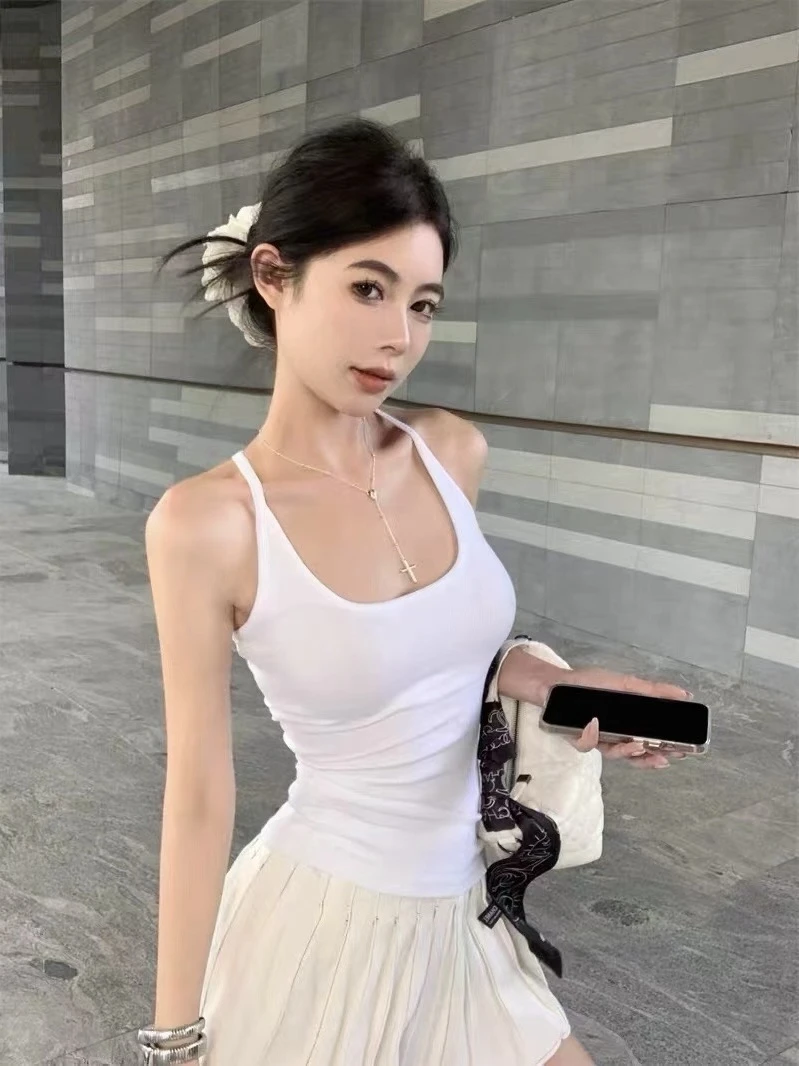 全额运补 挂脖吊带工字背心带胸垫外穿内搭修身短款上衣女