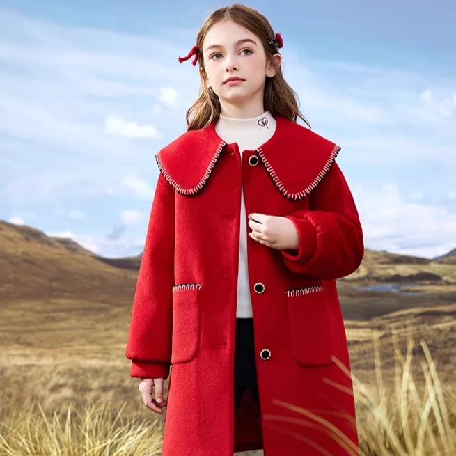 女童红色夹棉加厚呢子大衣2024秋冬新款洋气大童加厚毛呢外套4100