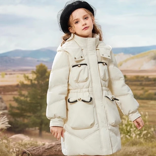 女童小香风90白鸭绒羽绒服冬装新款儿童加厚中长款外套大童4036