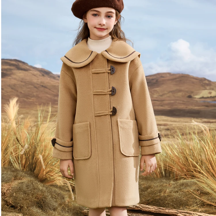 女童学院风呢子大衣24秋冬新款大童牛角扣加厚毛呢外套儿童4051
