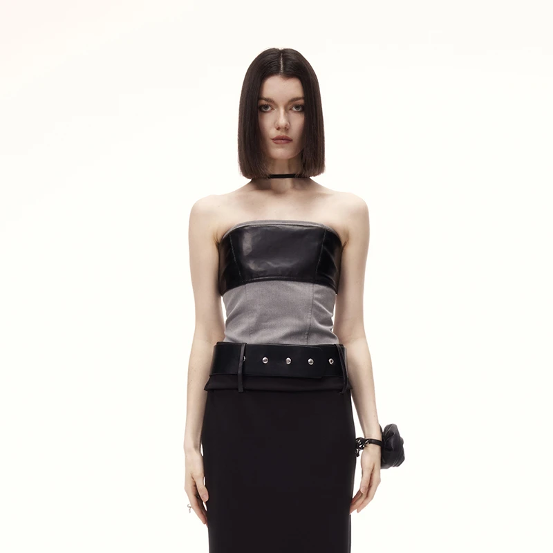 LEEWEI2023年早秋新款设计师品牌辣妹设计修身性感拼皮抹胸短上衣