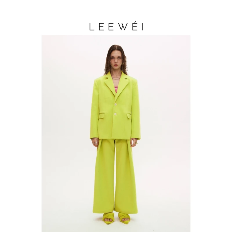 LEEWEI2023春夏简约醋酸廓形大翻领西装外套女设计感小众
