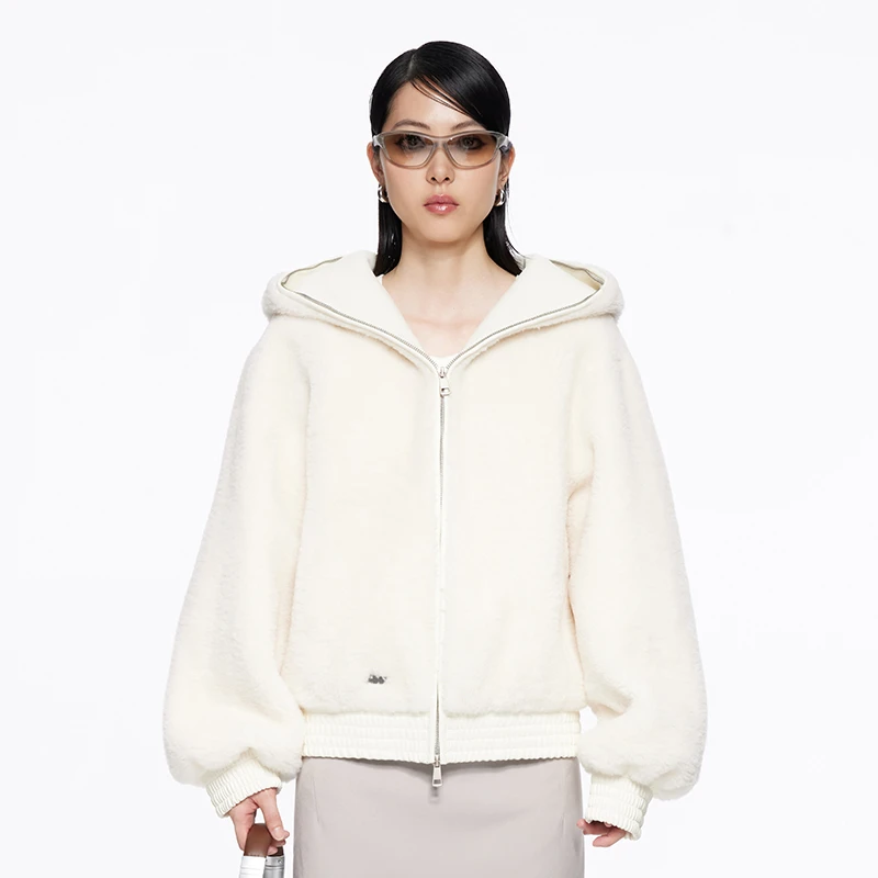 LEEWEI2023秋冬新款连帽拼接皮革毛毛外套