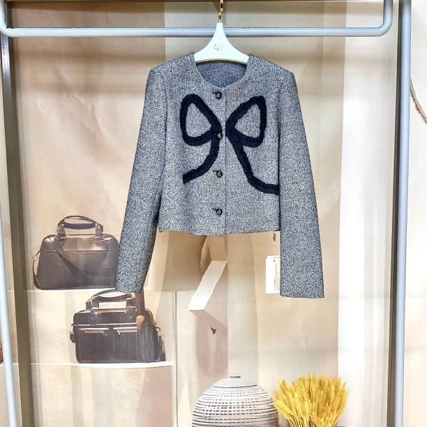 秋季新品小香风淑女气质蝴蝶结粗花呢小设计外套LLQB646