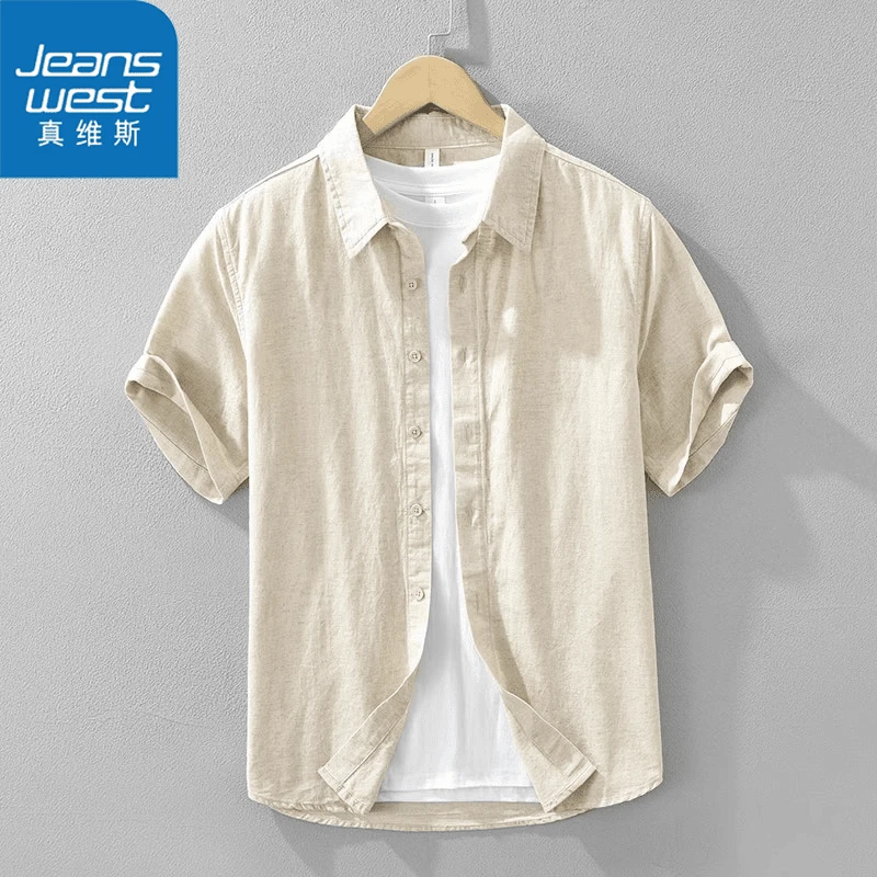 真维斯棉麻短袖衬衫男夏季薄款亚麻舒适透气纯色百搭宽松麻料衬衣