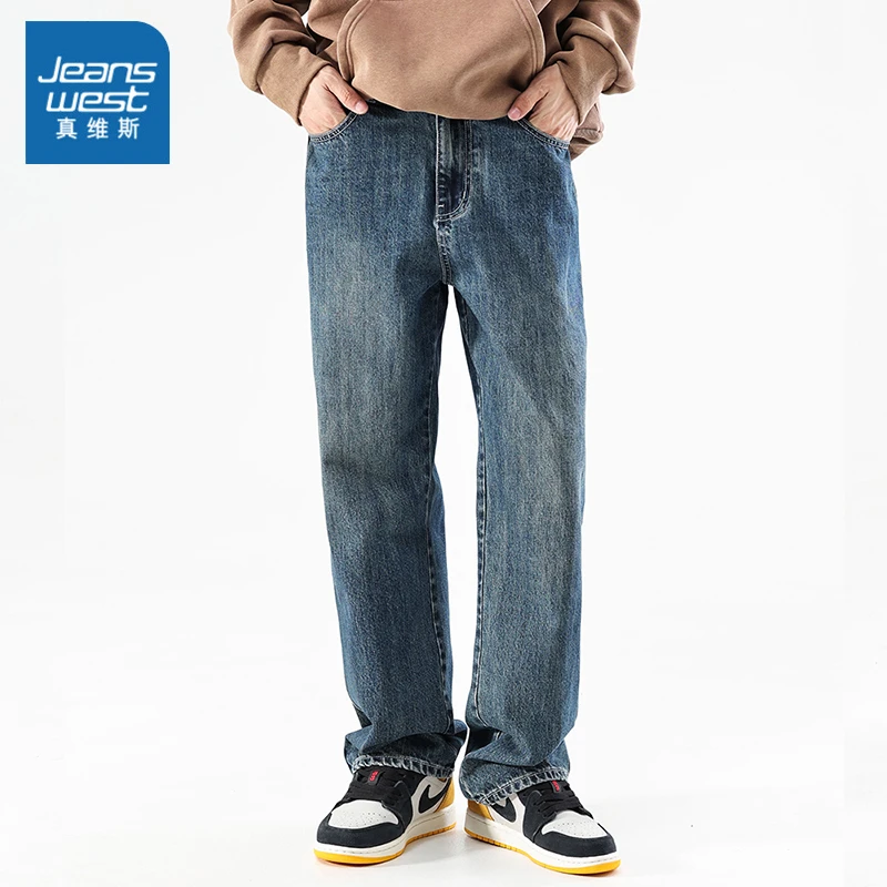 Jeanswest/真维斯复古牛仔裤男士直筒潮牌宽松痞帅美式高街长裤子