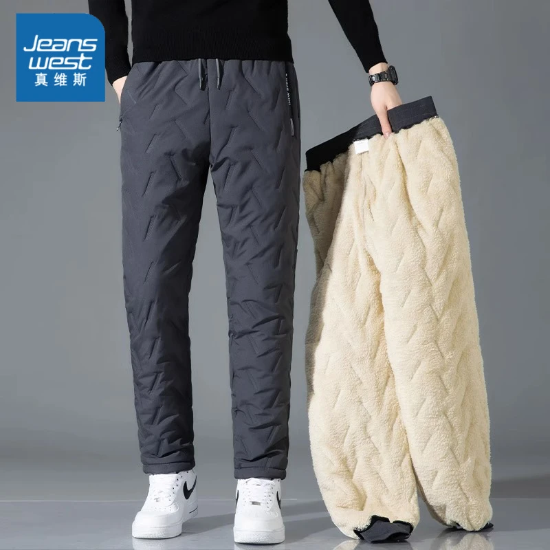 Jeanswest/真维斯加绒加厚棉裤男士春秋羊羔绒超厚外穿保暖休闲裤