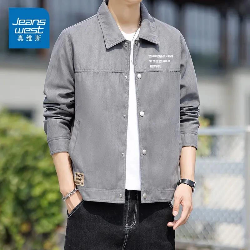Jeanswest/真维斯春秋夹克男士潮流宽松百搭印花工装翻领外套