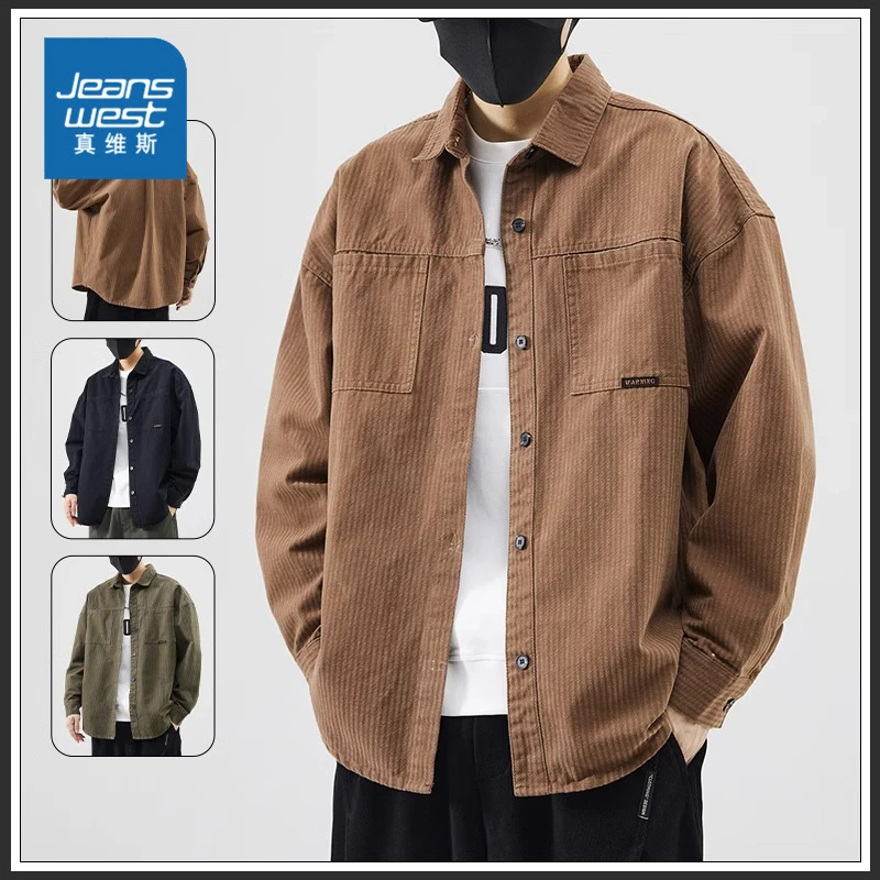 Jeanswest/真维斯时尚长袖衬衫男士潮流春秋新款宽松休闲上衣外套